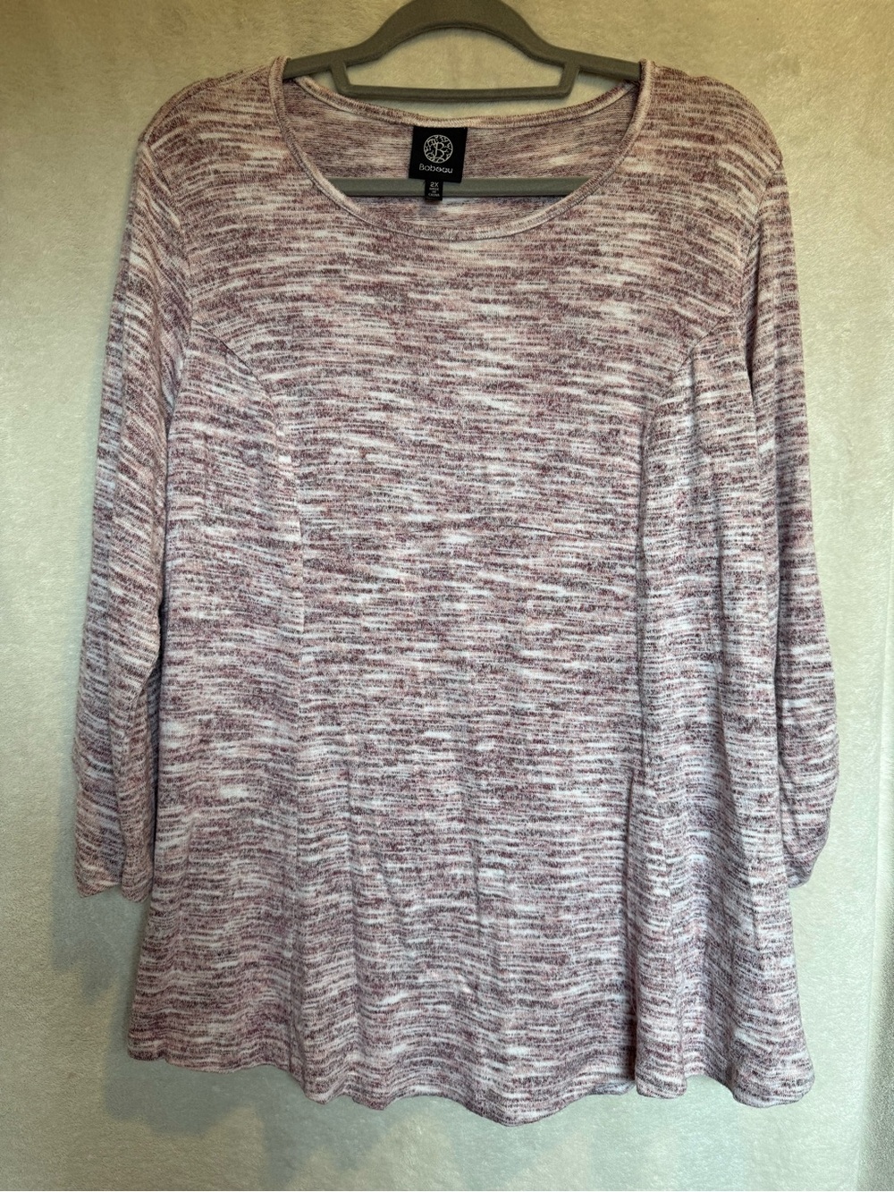 bobeau Woman’s Marled Mauve Burgundy White Blend Scoop Neck 3/4 Sleeve Tunic